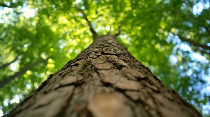 Fototapeta premium A vertical view of a tall tree trunk stretching upward into a lush green canopy showcasing nature's beauty : Generative AI