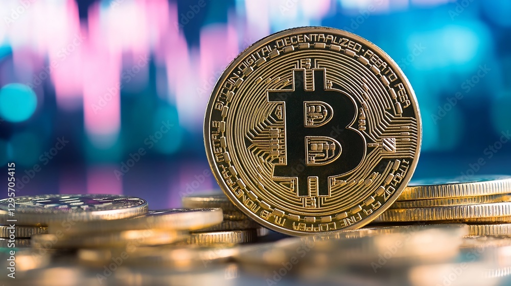 Poster Shiny gold bitcoin placed on a reflective surface with stock market graphs in background representing cryptocurrency investments : Generative AI