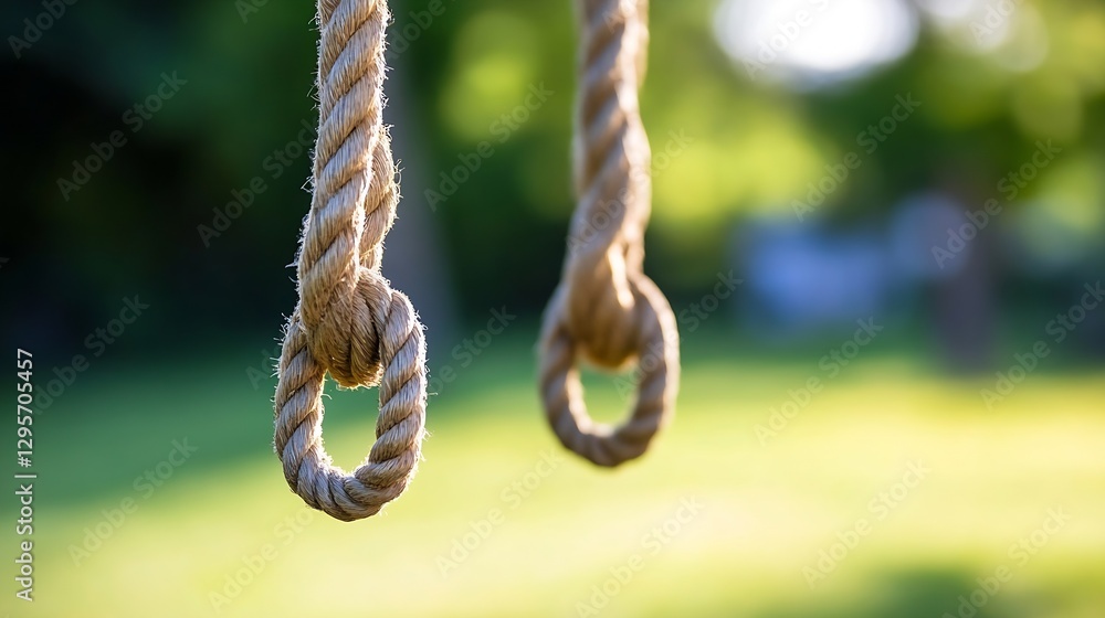 Fototapete closeup view of thick ropes hanging from a structure with blurred green background creating a serene