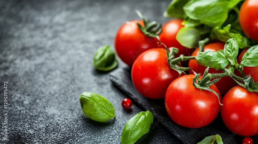 Aufkleber fresh ripe red tomatoes and green basil garnished on a rustic stone background for culinary purposes
