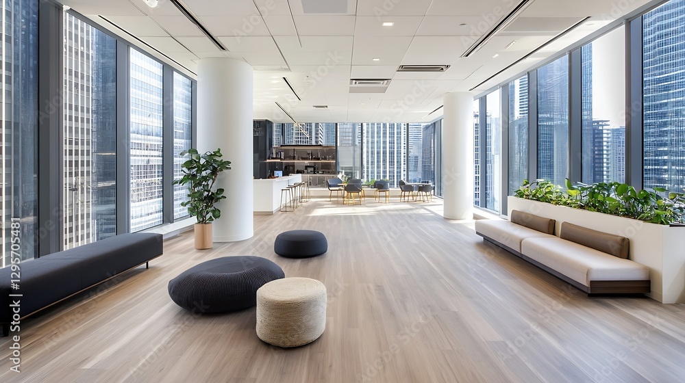 Poster Spacious and modern office interior with large windows and minimalistic design creating a calm workspace : Generative AI