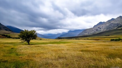 Lone Tree Standing in Expansive Green Meadow Under a Dramatic Cloudy Sky and Majestic Mountains : Generative AI