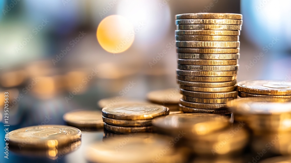 Fototapete stacks of shiny coins arranged in a tower with blurred background : generative ai