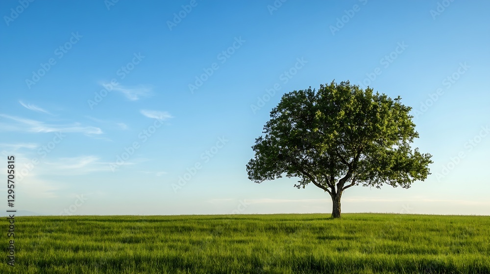 Poster lone tree standing in a vast green field under a blue sky on a sunny day : generative ai