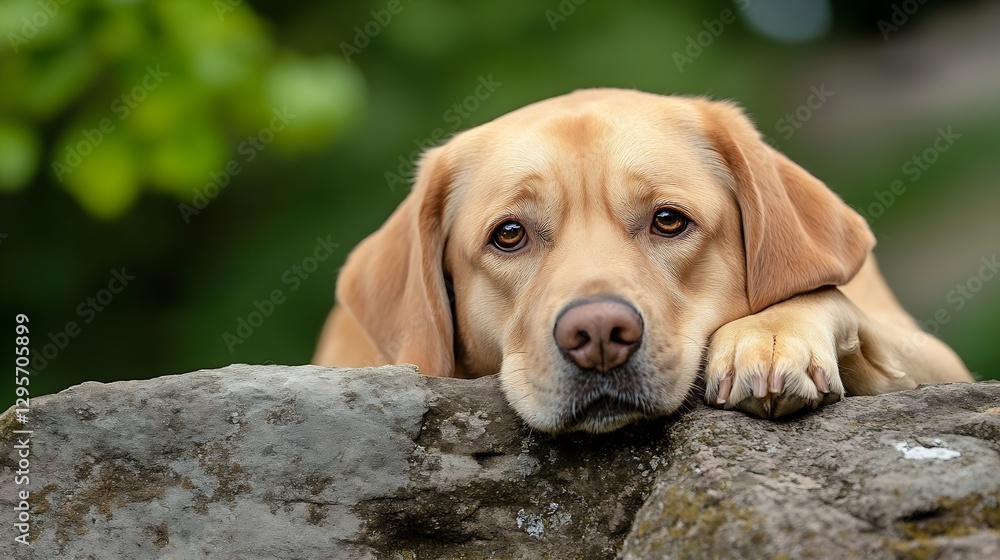 Poster close up of a sad labrador retriever laying on a stone surrounded by greenery : generative ai