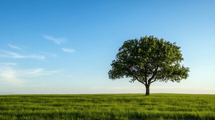 Obraz premium Lone tree standing in a vast green field under a blue sky on a sunny day : Generative AI