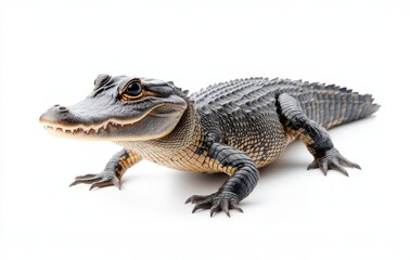 Realistic close-up of a sitting crocodile on a plain white background showcasing intricate texture and detail of its skin and features