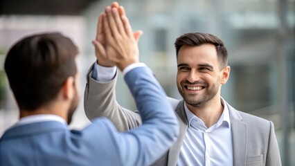 Leadership skills teamwork delegation concept. Two smiling men in suits share a high-five, showcasing camaraderie and teamwork against a blurred urban background.