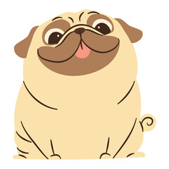 Flat vector illustration in a simple children's style. Cute happy dog of pug breed. Vector illustration