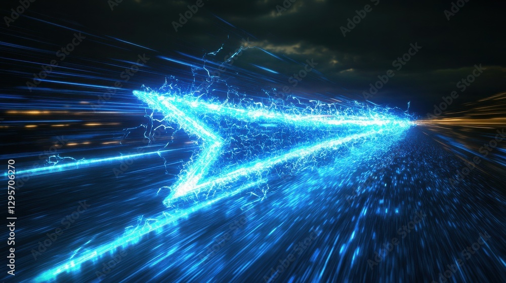 Poster abstract blue glowing light arrow with white lines creates dynamic visual effect, symbolizing speed 