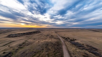 Vast open landscape with a winding dirt road leading towards a colorful sunset under dramatic clouds : Generative AI