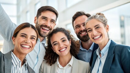 Leadership skills teamwork delegation concept. A diverse group of happy professionals smiling together, embodying teamwork and positivity in a bright office environment.
