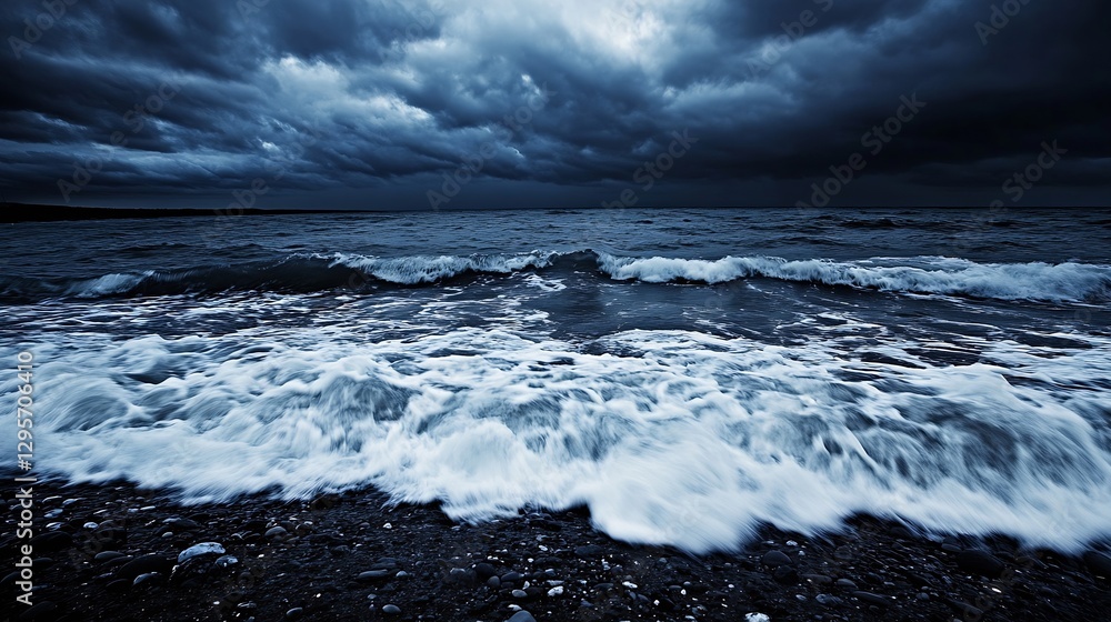 Aufkleber stormy coastline with crashing waves and dark clouds on the horizon creating dramatic seascape : gen