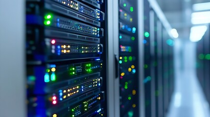 Data Center with Rack Servers Illuminated by Colorful LED Lights and Cables in a HighTech Setup : Generative AI