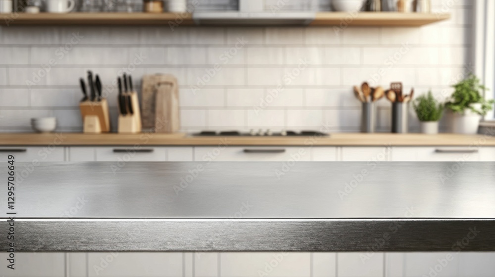 Poster steel table top with blurred empty kitchen background can be used for mocking up or display product 