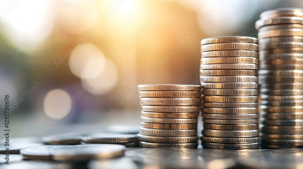Aufkleber close up view of a stack of shiny coins with sunlight bokeh effect in the soft background for financ