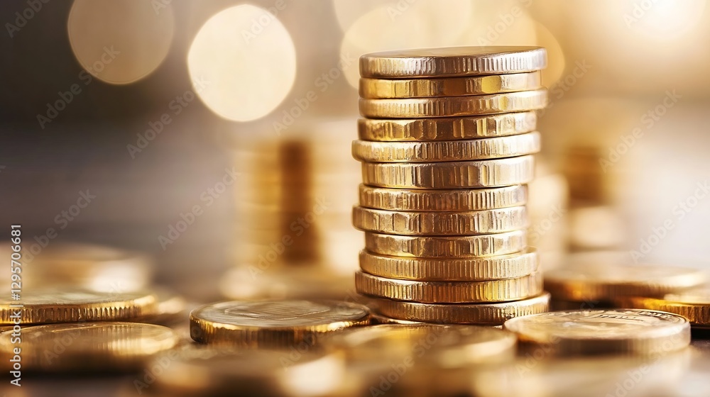Aufkleber Stacked gold coins on a reflective surface with a bokeh background enhancing the luxury feel : Generative AI
