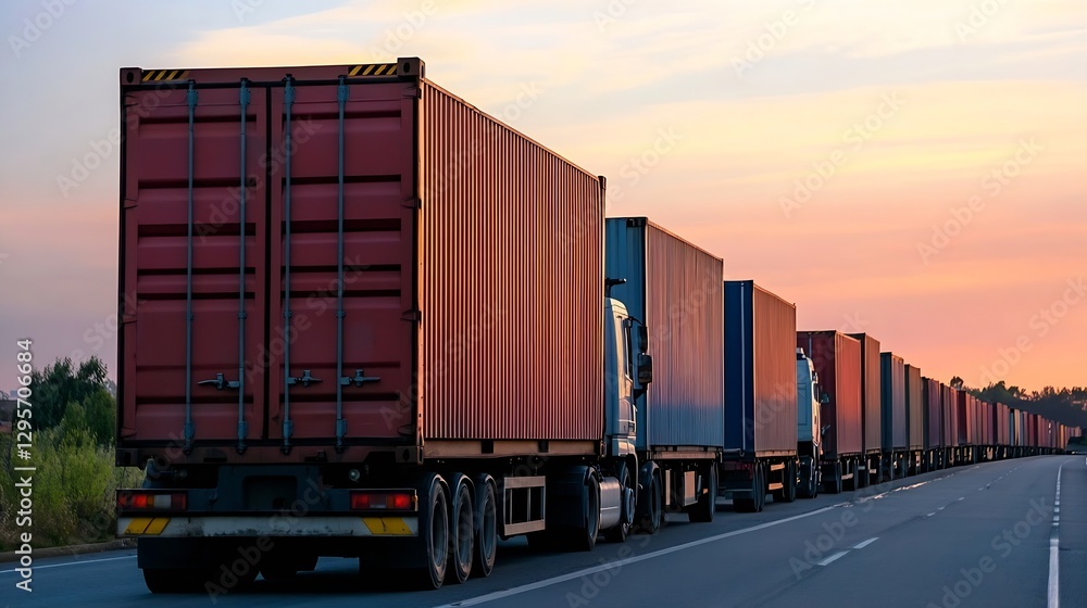 Poster row of large cargo trucks with containers on a highway during sunset with dramatic sky : generative 