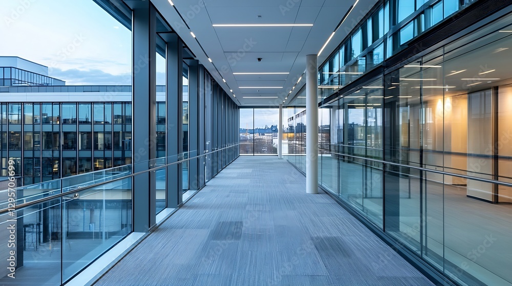 Aufkleber Modern Office Hallway with Large Windows and Scenic City Views Showing Glass Architecture : Generative AI