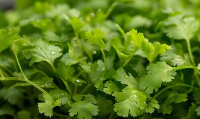 Extreme Close-up of Lush Green Hydroponic Cilantro with Dew Drops and Finely Serrated Leaves