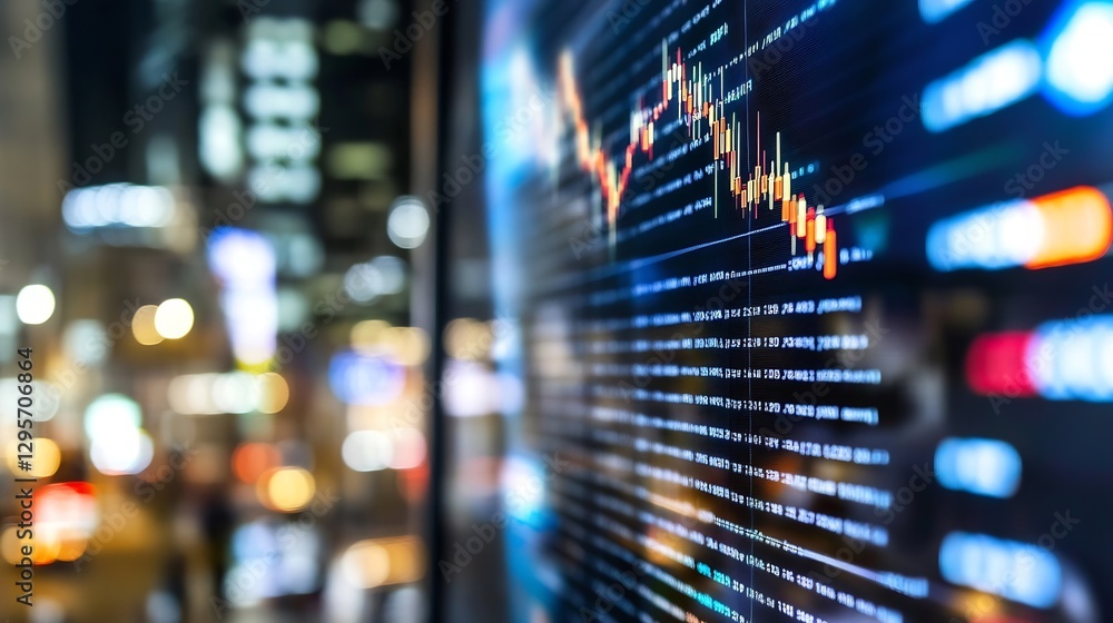 Poster modern financial stock market graph displayed in a busy urban setting at night : generative ai