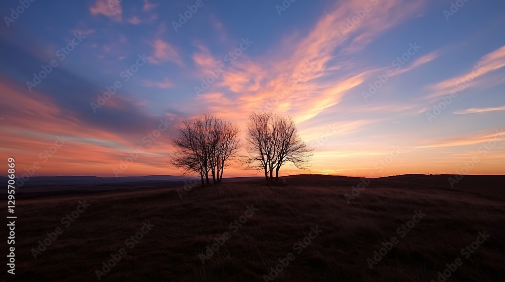Poster beautiful sunset with silhouette of three trees against colorful sky : generative ai
