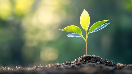 Newly sprouted sapling emerging from rich soil representing growth and new beginnings : Generative AI