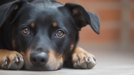 Fototapeta premium Close-Up of an Adorable Black Dog with Brown Paws Relaxing on a Floor, Capturing Pet Emotion and Comfort : Generative AI