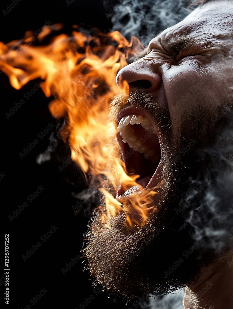 Poster fiery expression of a man screaming passionately with flames erupting from his mouth : generative ai