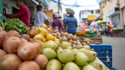 Vibrant fresh produce displayed at a local market with people browsing in a bustling atmosphere : Generative AI