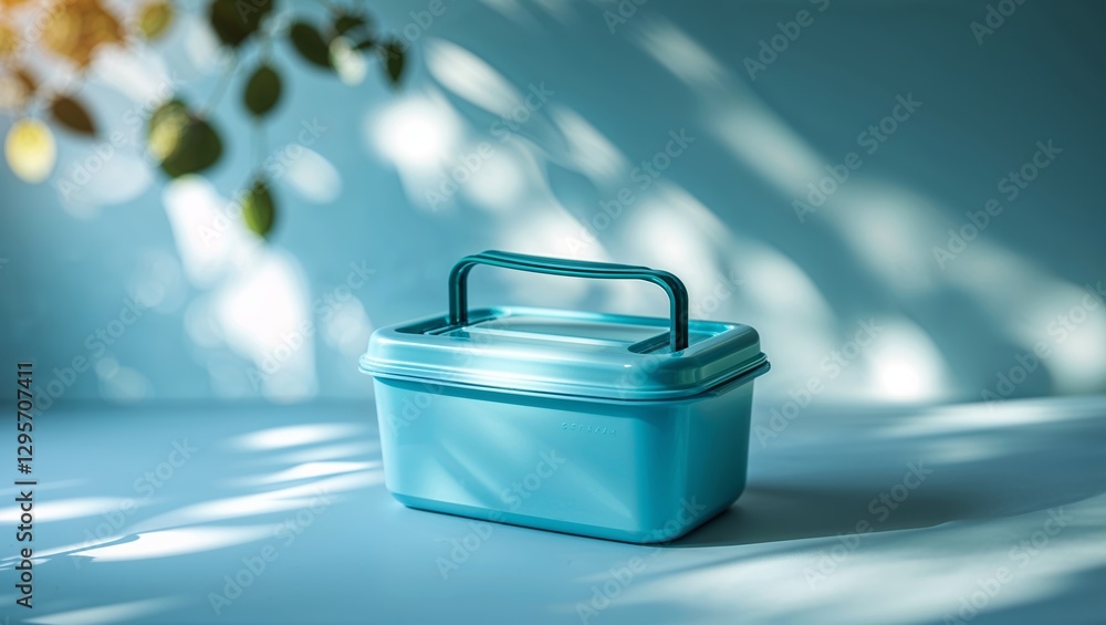 Poster bright turquoise container rests on a light blue surface with soft shadows and sunlight filtering th