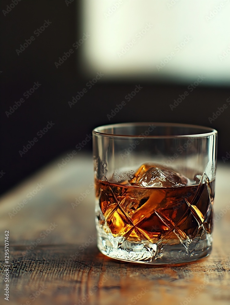 Aufkleber Close up image of a whiskey glass filled with ice resting on a wooden surface with soft blurred background : Generative AI