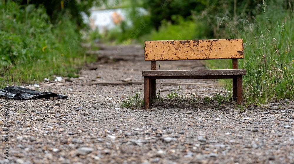 Poster weathered yellow bench on a rocky pathway surrounded by lush greenery : generative ai