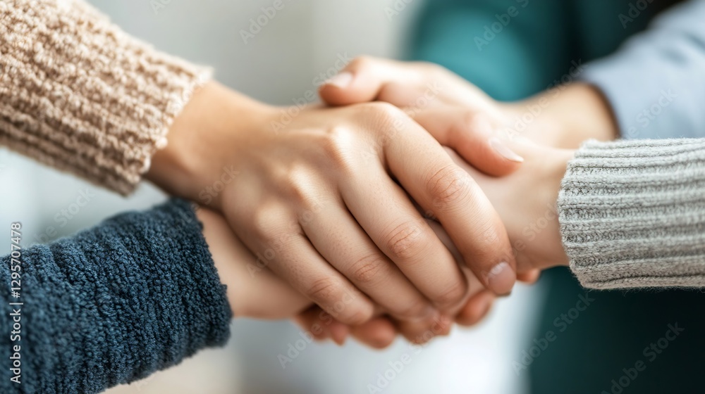 Poster unity in diversity hands together symbolizing teamwork and collaboration in a professional setting :