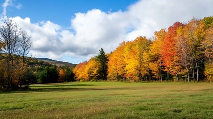 Naklejka premium Breathtaking autumn landscape featuring vibrant trees in brilliant colors under a clear blue sky : Generative AI