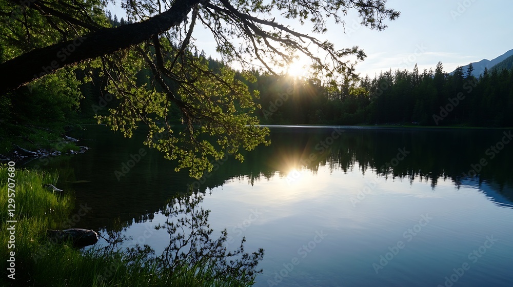 Poster tranquil lake at sunset with sunlight reflecting on water and lush trees surrounding the shoreline :