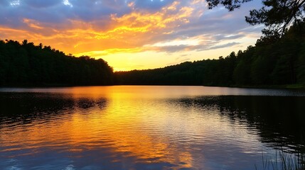 Obraz premium Vibrant sunset reflecting on tranquil lake surrounded by lush forests representing peace and serenity in nature : Generative AI