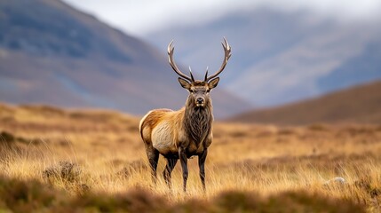 Fototapeta premium Majestic stag standing tall in an open field during autumn with a backdrop of rolling hills : Generative AI