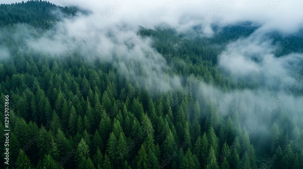 Poster Aerial View of Dense Evergreen Forest with Mist and Fog for a Mysterious Atmosphere : Generative AI