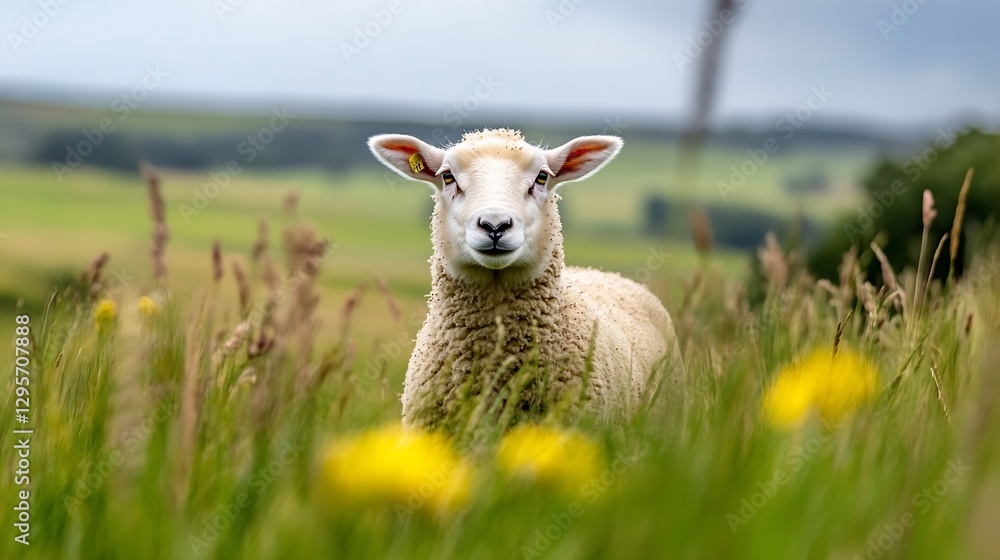 Poster adorable sheep calmly grazing in a vibrant green meadow filled with wildflowers under a cloudy sky :