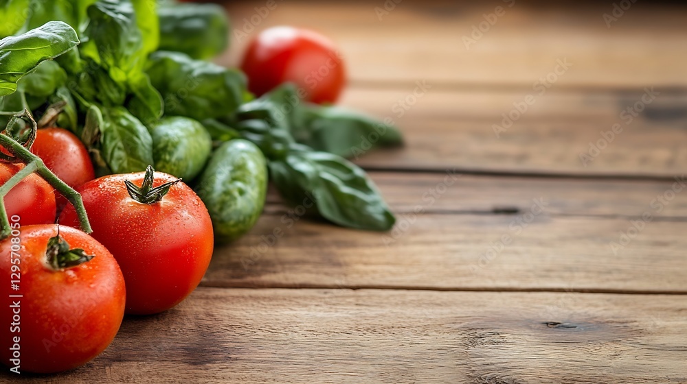 Poster fresh tomatoes and cucumbers with vibrant greens on rustic wooden table : generative ai