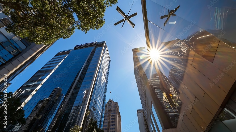 Poster modern urban architecture reflecting sunlight in downtown cityscape : generative ai