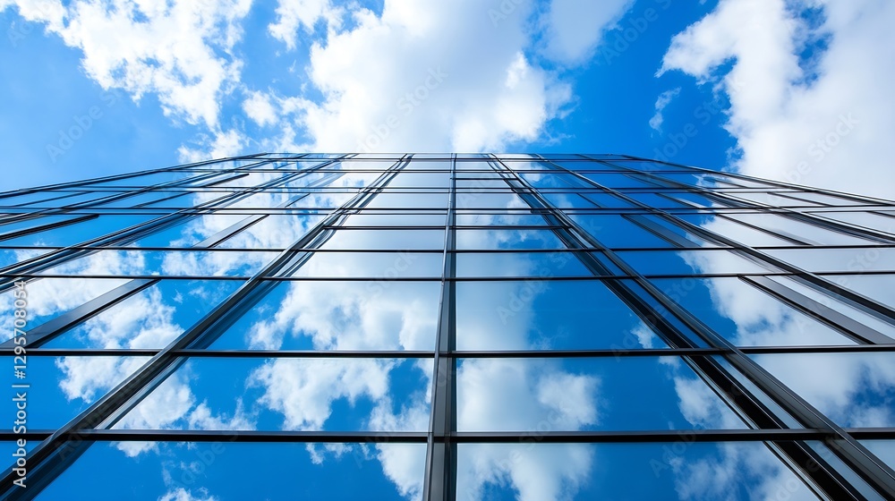 Poster reflections of clouds and sky on the glass facade of a modern office building showcasing sleek archi