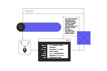 Web development, web design concept. Developer brainstorming UI and UX designs for webpage user interface or mobile app. Flat Cartoon Vector Illustration, icon. Stylish abstract Flat design web