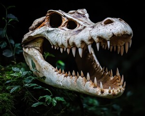 Obraz premium Realistic crocodile skull sculpture with detailed teeth and empty eye sockets surrounded by lush green foliage in a darkened natural setting