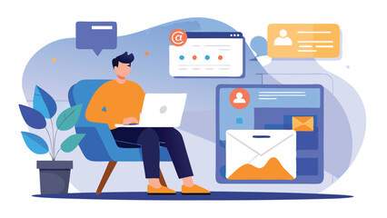 Remote Work Illustration – Freelancer Working on Laptop with Email and Communication Icons on Transparent Background
