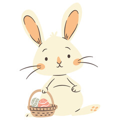 Flat vector illustration in a simple children's style. A cute bunny holding a basket of Easter eggs. Vector illustration