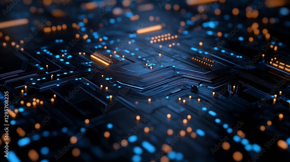 Poster futuristic digital circuit board with blue and orange lights representing technology : generative ai