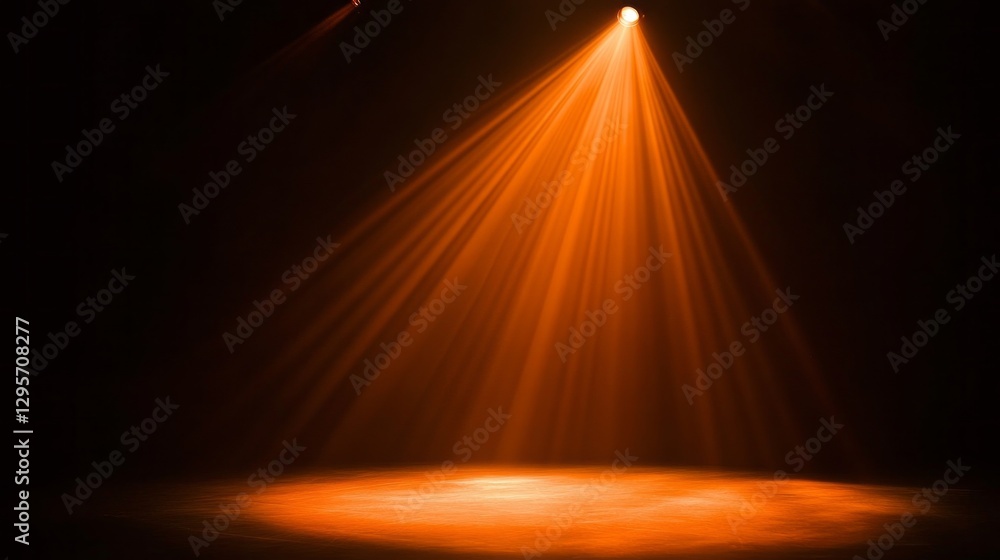 Poster warm amber light cascades from above, creating a magical atmosphere on the empty stage. anticipation