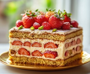 Strawberry layered cake on gold plate; blurry window background; food photography